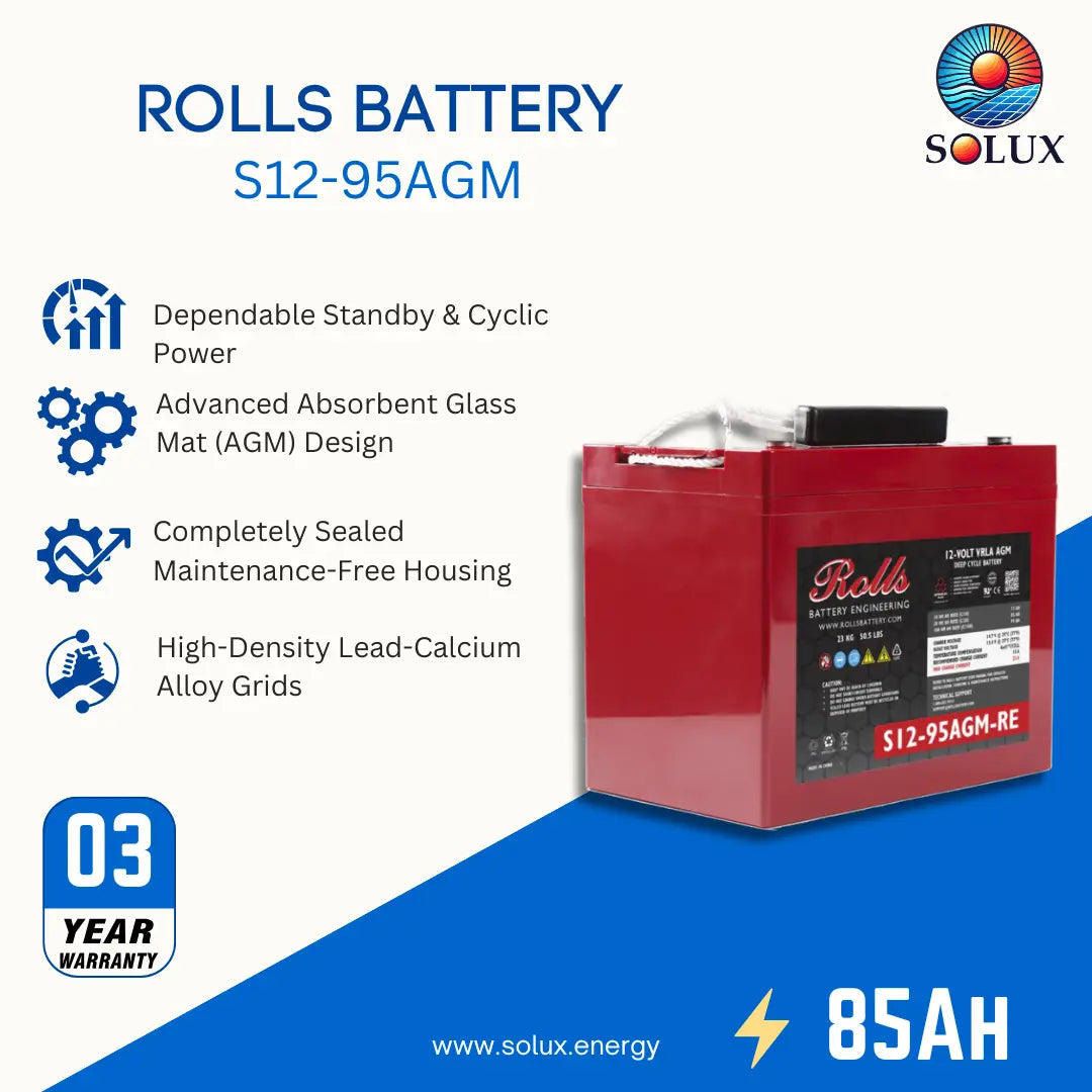 A red Rolls S12-95AGM battery shown on a white and blue promotional graphic with product features, a 03-year warranty badge, and the Solux logo.